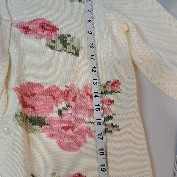 80s 90s RARE Floral Print Hand Knit Crewneck Cardigan Sweater Large  Cottagecore - Picture 16 of 16